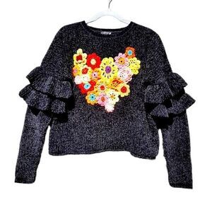 Apt 9 Floral Sweater Black Chenille Ruffles Sleeves Flowers Embroidered Size L